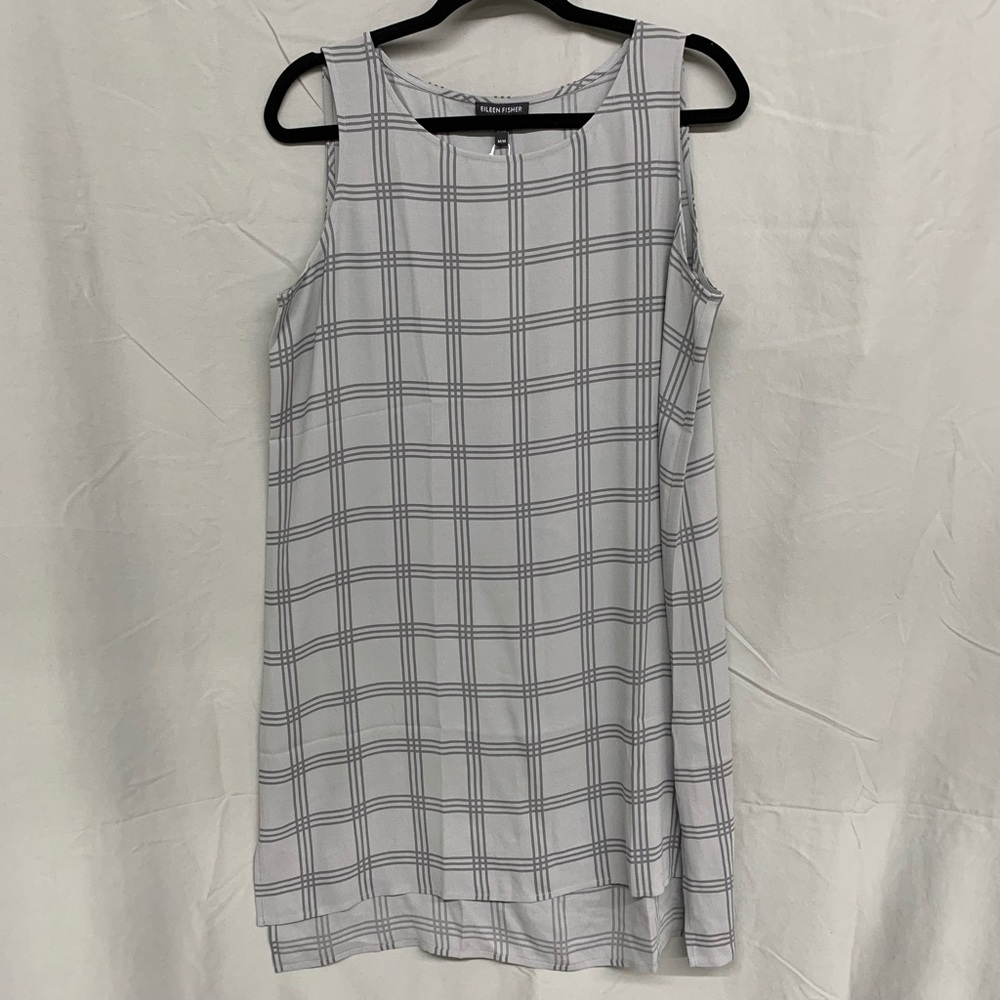 Eileen Fisher Ash Plaid Printed Silk Georgette Scoop Neck Tunic